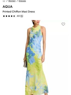 Aqua Blue and Lime Floral Halter Chiffon Maxi Dress